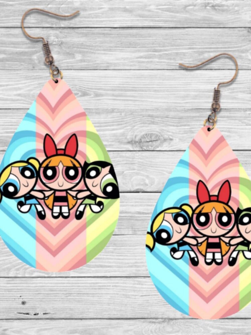 Powerpuff Girls Earrings: 90's Cartoon Wooden Teardrop Hypoallergenic Earrings